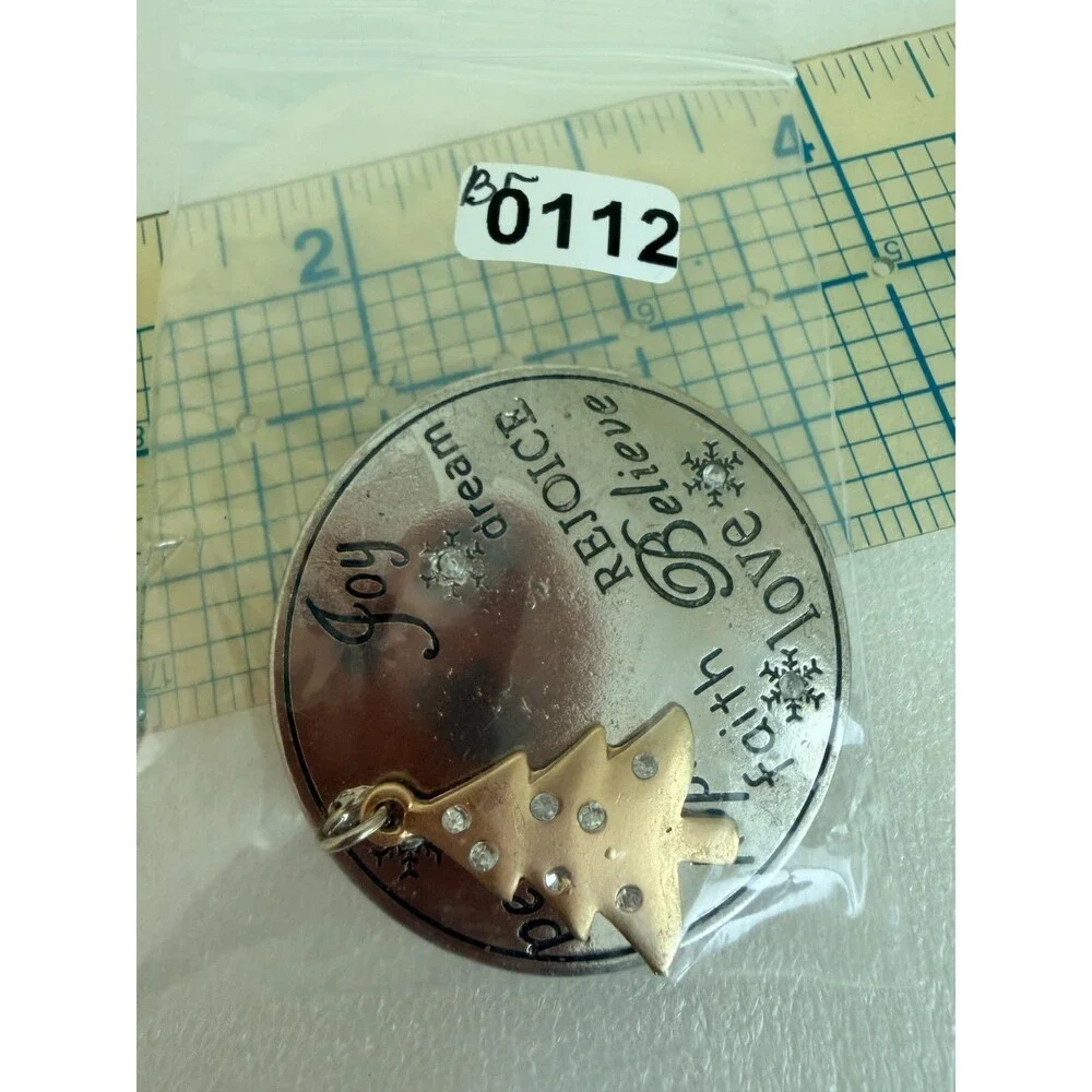 Vintage Christmas Tree Disc Brooch Pin Silver Tone Inspirational Words Rhineston